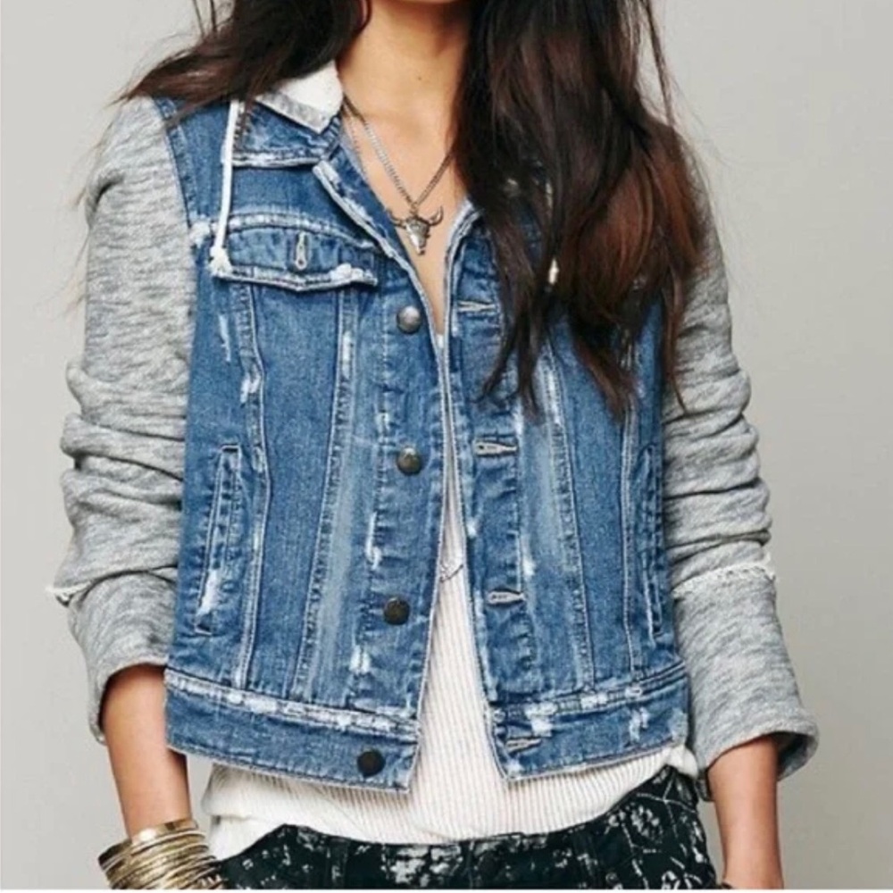 FREE PEOPLE Denim And Knit Distressed Hoodie Jacket